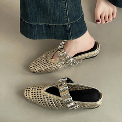 编织凉拖镂空一字水钻包头半拖鞋女夏季时尚内增高懒人凉拖鞋防滑