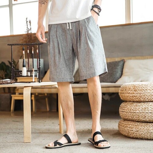 Linen shorts for men, summer outer wear, men's casual quarter pants, summer thin loose cotton and linen pants, ice silk pants