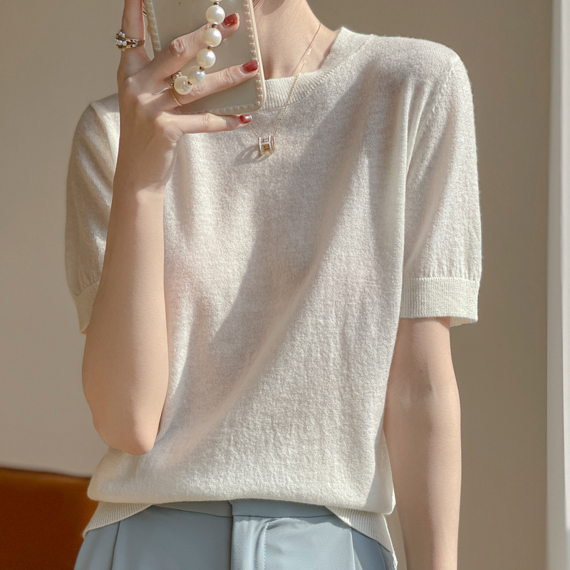 Word of mouth! Early Spring/Italian B Worsted Pure Wool 100 Wool Simple Fashionable Short Sleeve Crewneck Knitted