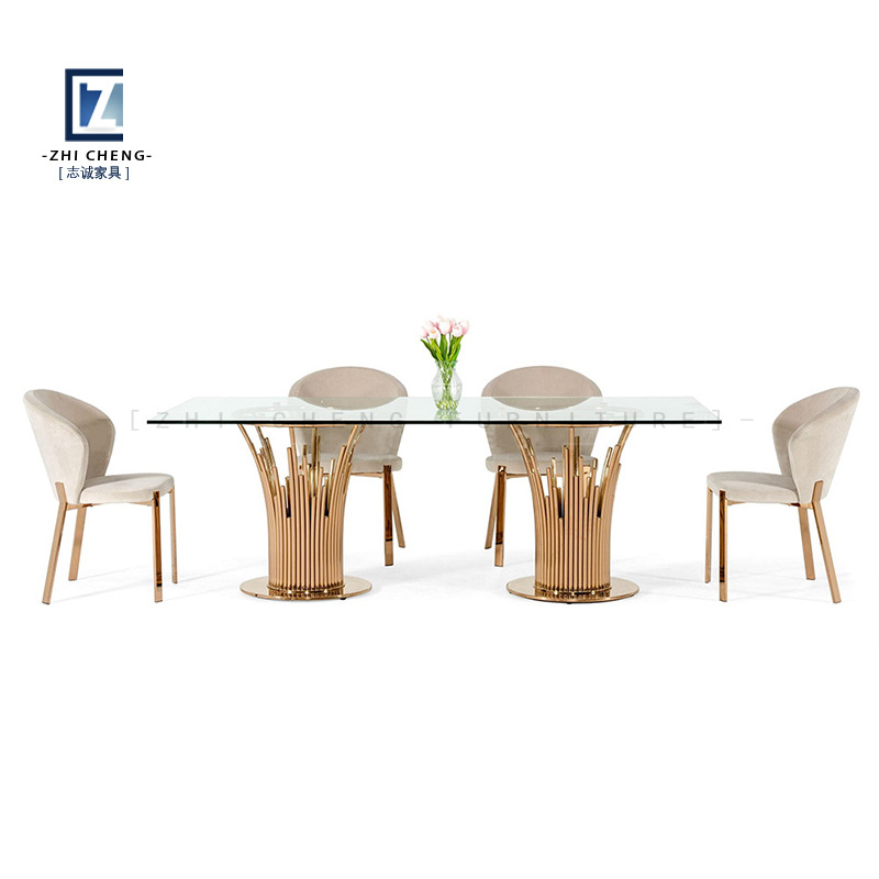 Mesa de boda para exteriores con tablero ovalado de vidrio dorado y acero inoxidable, mesa de comedor combinada para alquiler de banquetes integrada