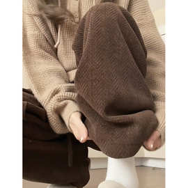 雪尼尔阔腿裤女春秋季2024新款休闲直筒咖色人字纹秋冬加绒针织裤