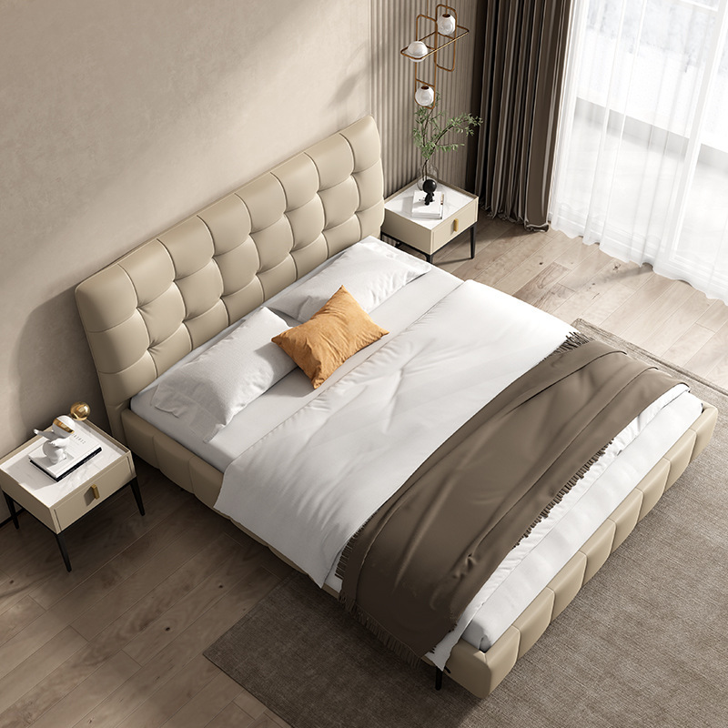 Cama de cuero genuino lujo moderno minimalista dormitorio principal cama doble 1,8 m cama de boda de gama alta cama de cuero muebles de fábrica ventas directas