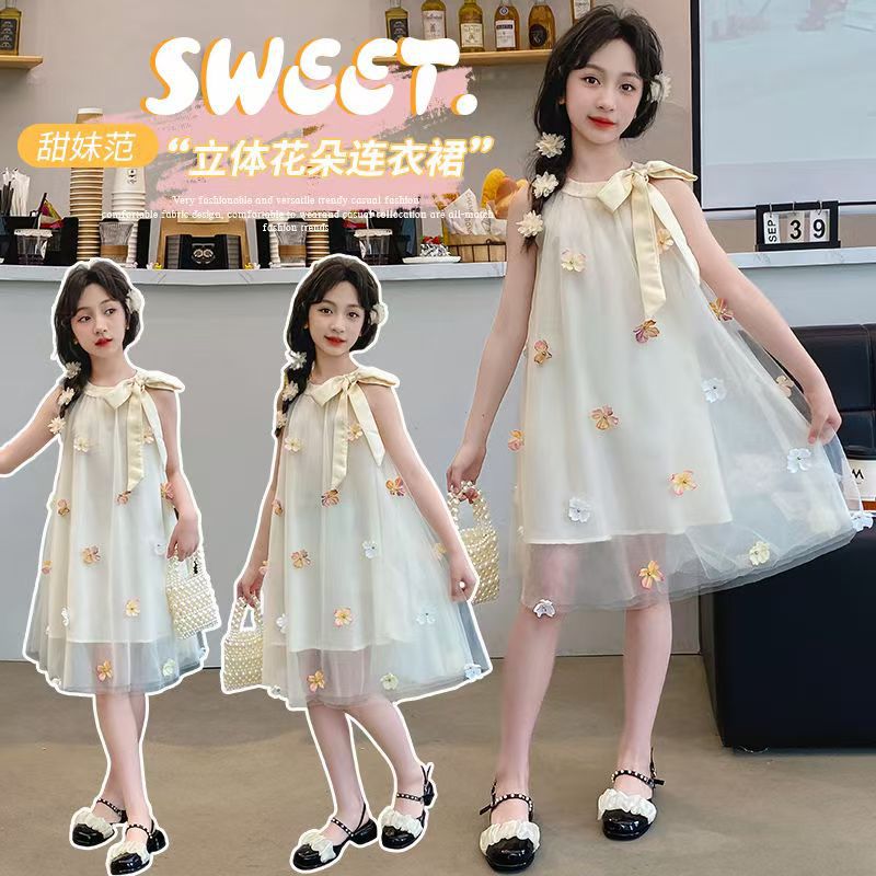Girls' dress Summer 2025 New Style Fashionable Sweet Dopamine Bow Flower Gauze Dress for Middle and Big Kids