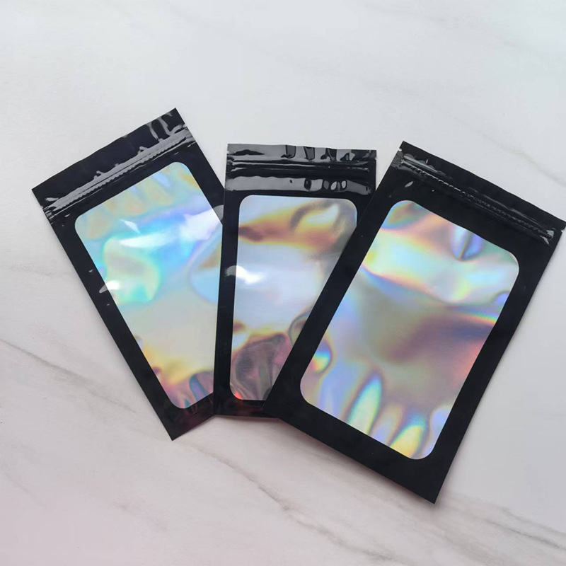 黑色镭射开窗骨袋饰品礼品镭射阴阳自封袋美妆服装饰电子产品包装