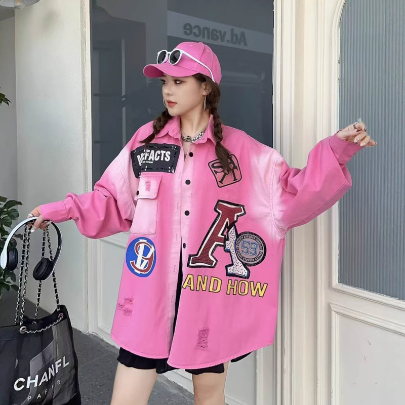 欧货酷飒重工牛仔衬衫女2025春秋新款大码中长款宽松百搭卡通外套|undefined