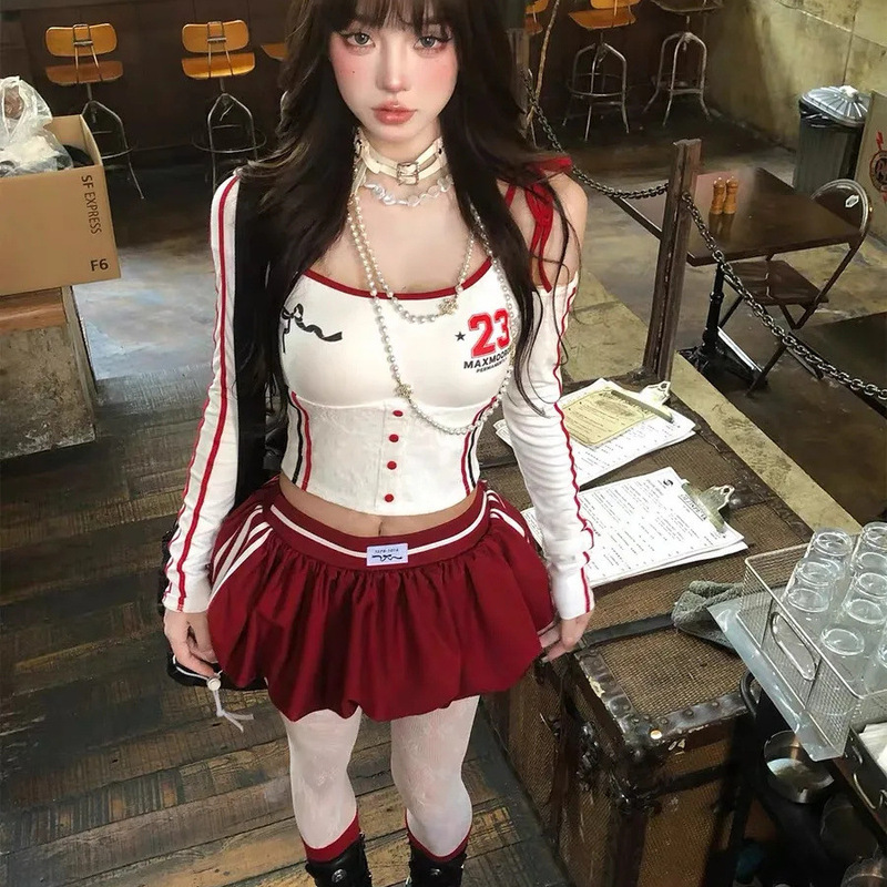 Light Luxury Campus Sweetheart American Style Strap T-shirt Women's Early Autumn Long Sleeve Navel Slimming Shoulder Sweet Hot Chic Top