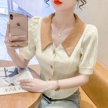 法式夏季新款小清新甜美撞色娃娃领泡泡短袖收腰短款女士衬衫上衣