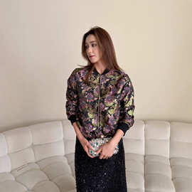 浪漫复古黑色腰果提花重工钉珠立领外套上衣欧美秋冬女装新款2027