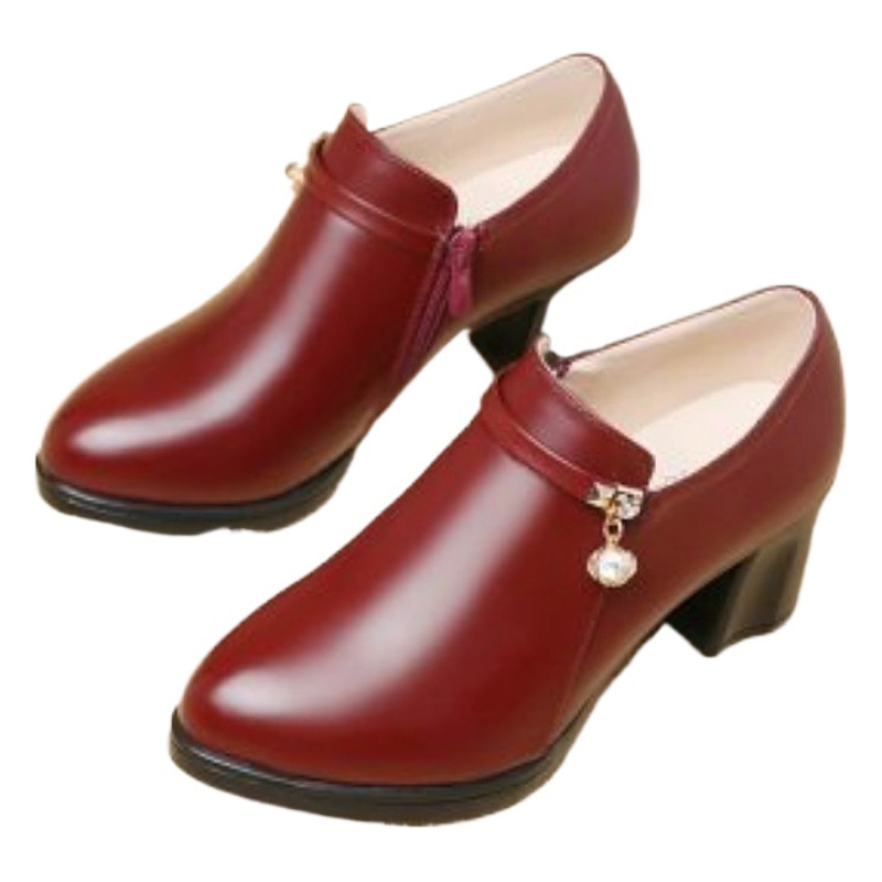 Zapatos de mamá zapatos de una sola capa zapatos de mujer cuero suave inferior suave tacón medio primavera y verano de mediana edad y ancianos Punta redonda cómodos zapatos de cuero de tacón grueso