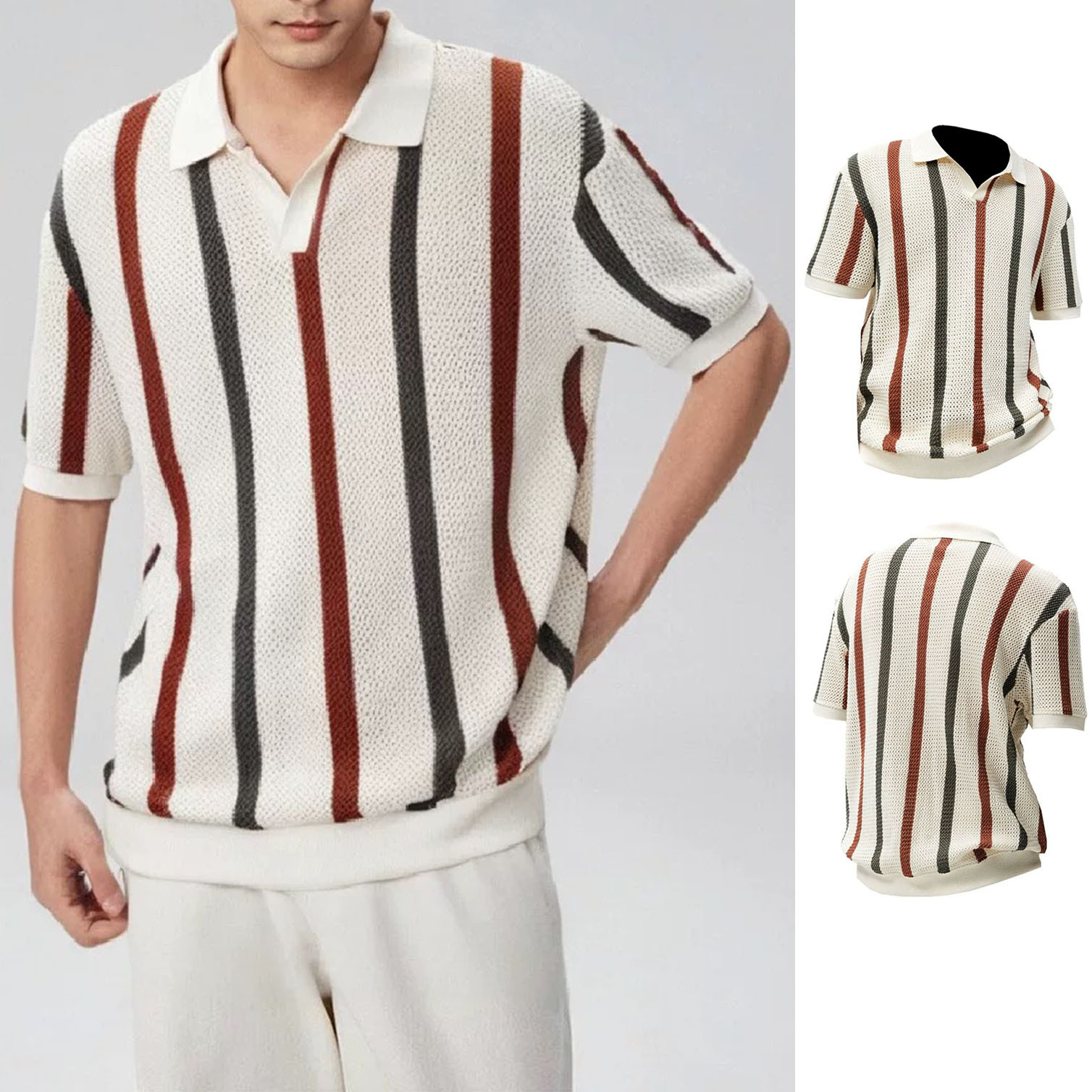 Polo camiseta de punto camiseta de manga corta camiseta hombre gaviota cuello V rayas viejas líneas de viento de verano fábrica transfronteriza al por mayor