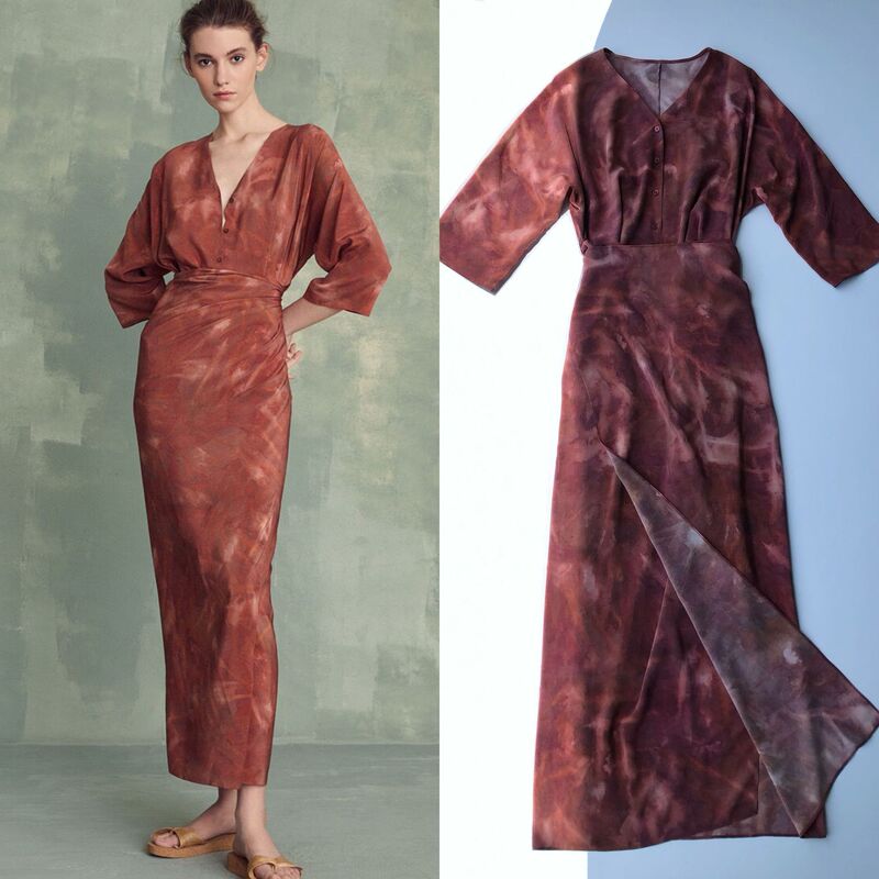French Retro-Sunset Red Dye Oil Painting Abstract Printed Sand Wash Silk V-Neck One-piece Wrap Dress