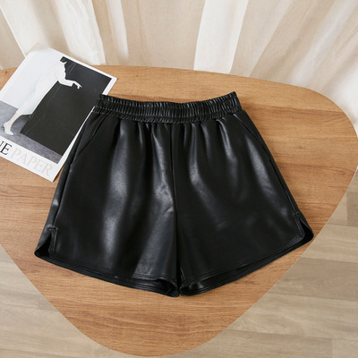 Elastic waist leather shorts for women, high-waisted autumn and winter new PU loose and versatile, western style, wide-leg outer wear, slim boot pants