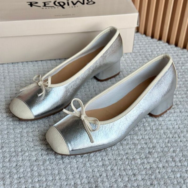 Super Soft Sheepskin Ballet Shallow Cut Mid-Heel Single Shoes, Round Toe, Genuine Leather, Bow Detail, Chunky Heel,_vogvips.com