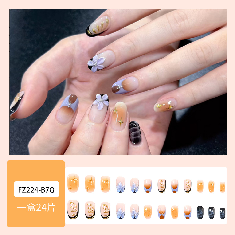 Flor púrpura marrón cálido punto de perforación de manicuras francesas comercio exterior 3D relieve flor de oro para usar uñas 24 piezas de parche de uñas