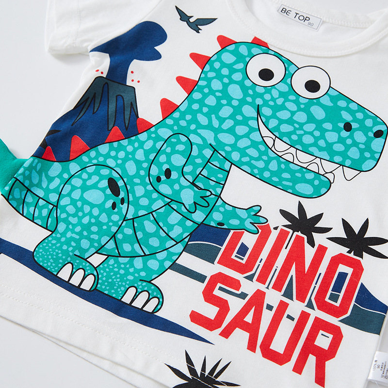 Ropa infantil 2025, camiseta de verano de manga corta con diseño de dinosaurio 3D para niños pequeños, top de punto, venta al por mayor de una sola pieza.