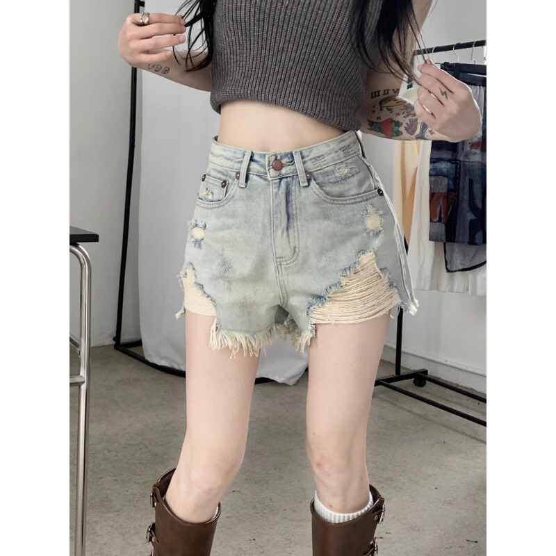 Plus-Size Light-Colored Frayed Ripped Denim Shorts for Women, Summer Hot Girl A-Line High-Waisted Washed Wide-Leg Shorts Ins