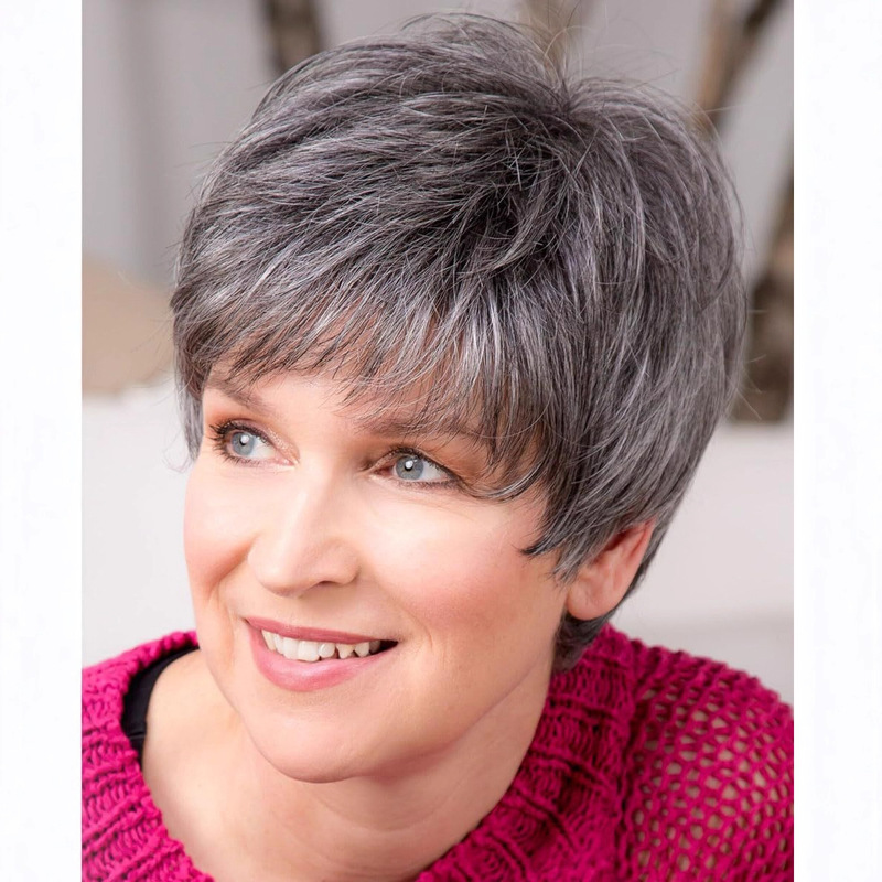 Manufacturer's Ready-Made Gray Headgear for Middle-Aged and Elderly Women with Oblique Bangs and Short Straight Hair Wig