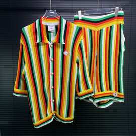 欧美潮牌 Casa卡萨短袖针织开衫套装彩色条纹拼接高版本两件套