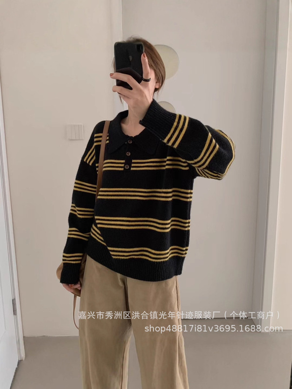韩国新款毛衣套头针织衫polo领撞色条纹韩系时尚洋气宽松上衣女装|undefined
