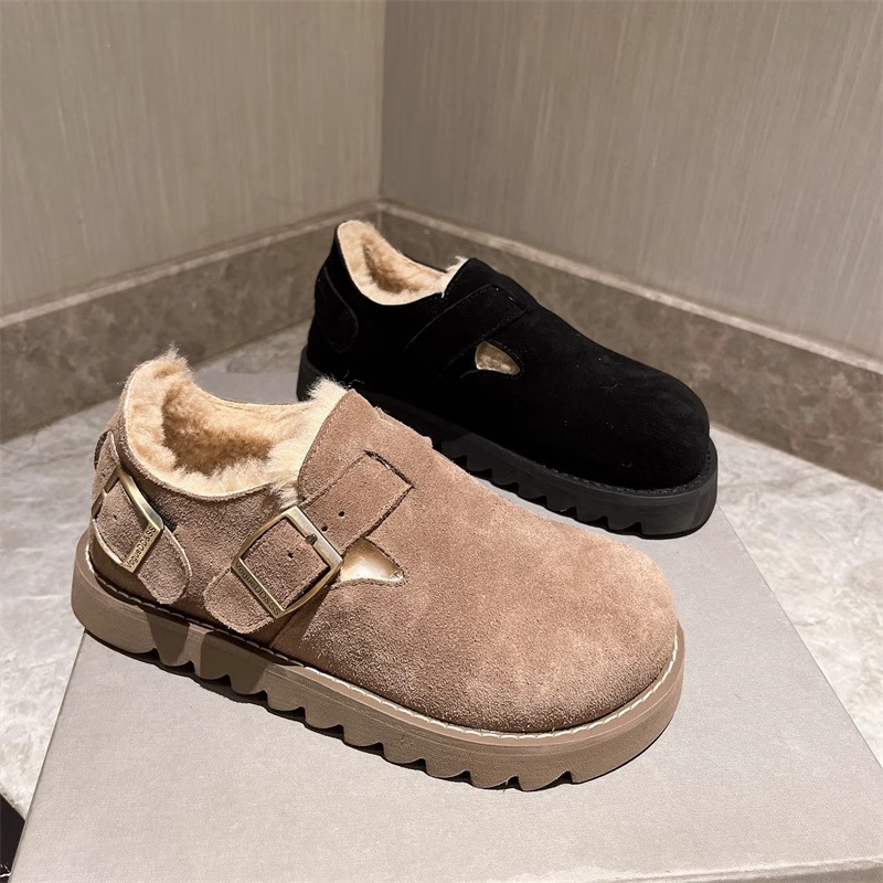 2023 Autumn/winter New Korean Edition Versatile Thick Sole, Plush, and Thickened Cotton Shoes, Mesh Red Fashion Round Toe Bucken Shoes_voghion.com