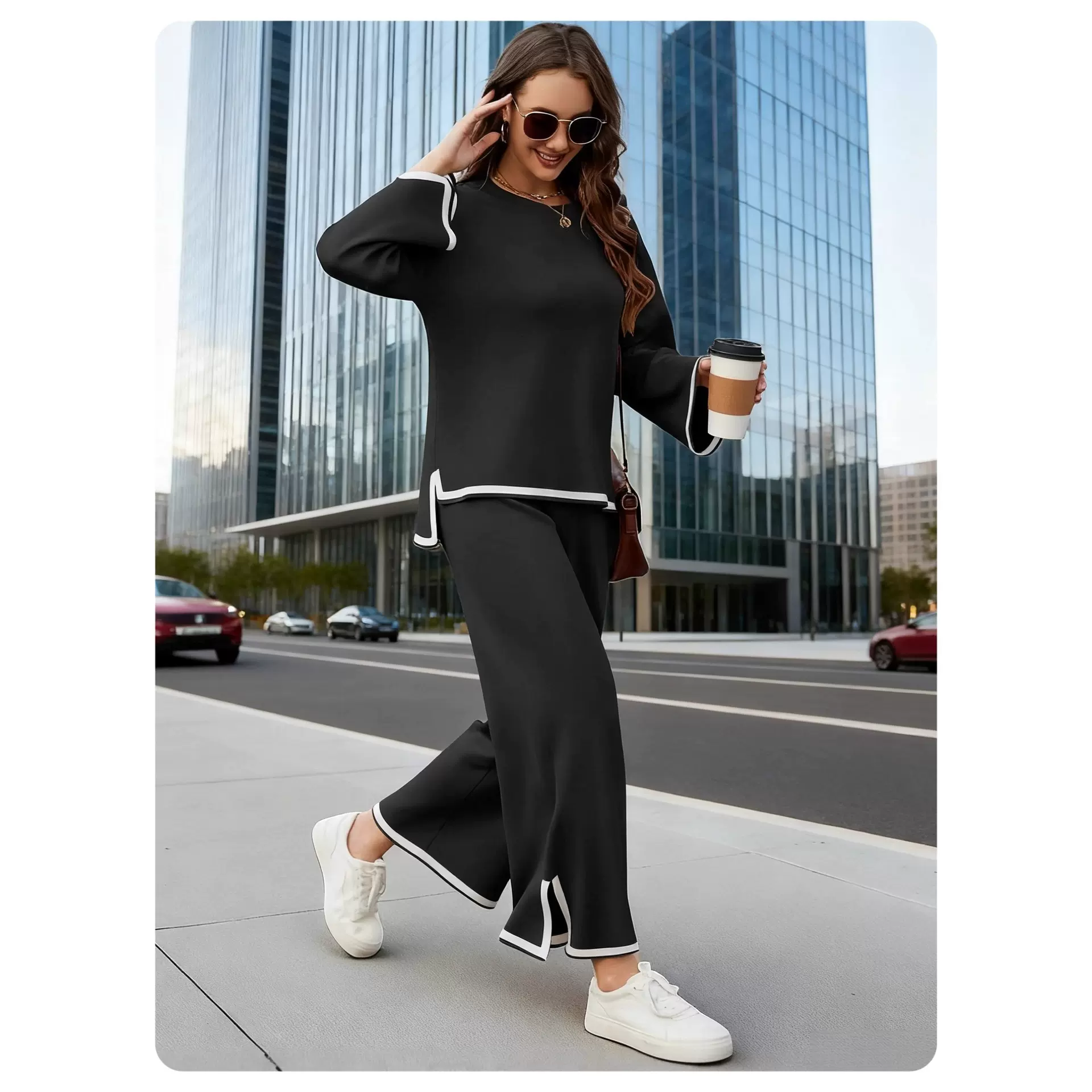 Temu 2025 秋季新款 跨境女装针织套装 长袖上衣 + 高腰阔腿裤两