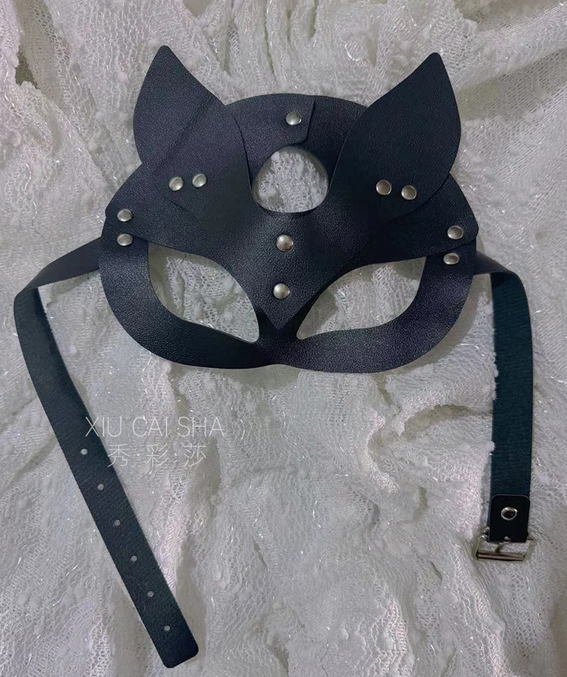 Leather Rabbit Eye Mask Hood, Black Flirting Blindfold Accessory — detail image 4