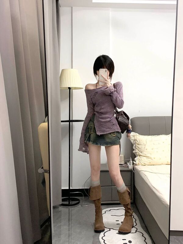 镂空针织衫紫色上衣女2025早秋新款罩衫不规则一字肩内搭打底衫潮|undefined