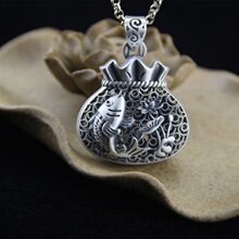 艺尚复古福袋999泰银镂空双鱼圆珠项链女大吊坠长款个性大气潮流