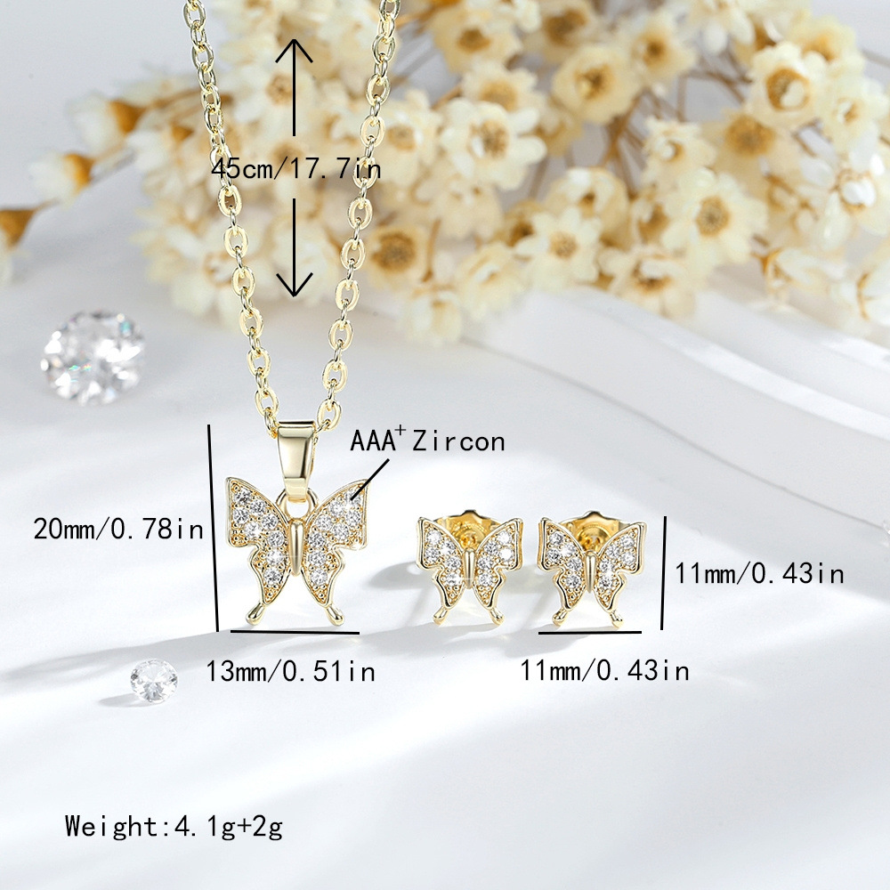 Transfronterizos diamantes mariposa pendientes collar conjunto de moda o cadena temperamento mariposa colgante joyas chapadas en oro de cobre