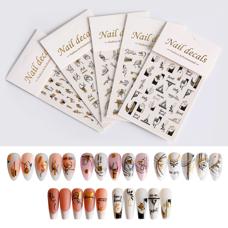 2022 cross-border new paper gilding rose abstract line nail sticker face leaf geometric adhesive nail sticker