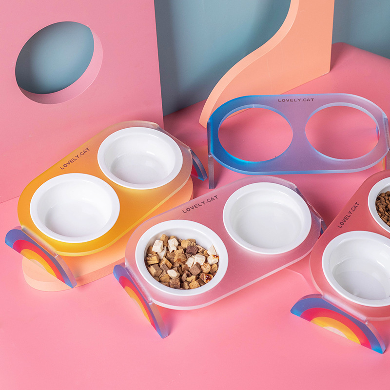 Pet Bowl Rainbow Acrylic Rack Ceramic Bowl Small Dog Cat Elevated Neck Protector Ceramic Water Bowl Food Bowl Double Bowl