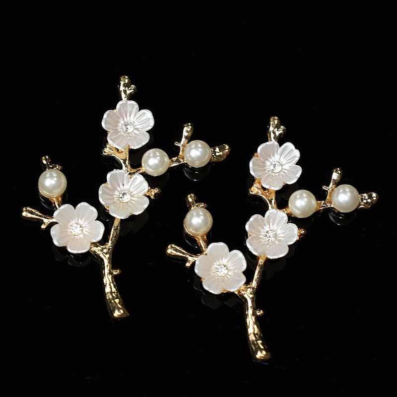 新款珍珠镶钻树枝树杈三朵梅花合金饰品配件diy新娘发饰团扇材料