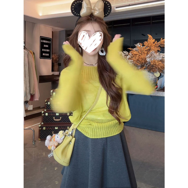 小个子软糯多巴胺露肩长袖针织衫毛衣女2025秋季新款灰色短裙套装|undefined