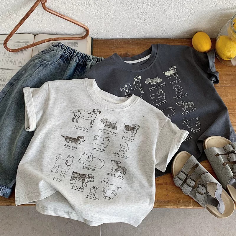 Korean style cartoon dog print short-sleeved T-shirt, 2026 new style, boys' summer pure cotton round neck versatile short-sleeved top T-shirt