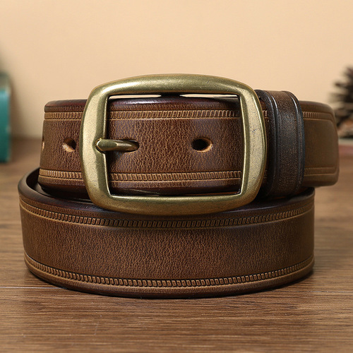 3.3CM wide retro belt men's genuine leather pin buckle first layer cowhide fashion student Korean style trendy copper buckle trouser belt