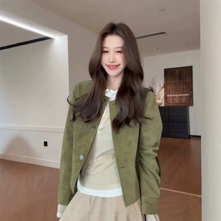 法式老钱风简约设计感小香风绿色植绒皮衣短外套女秋季显瘦夹克潮