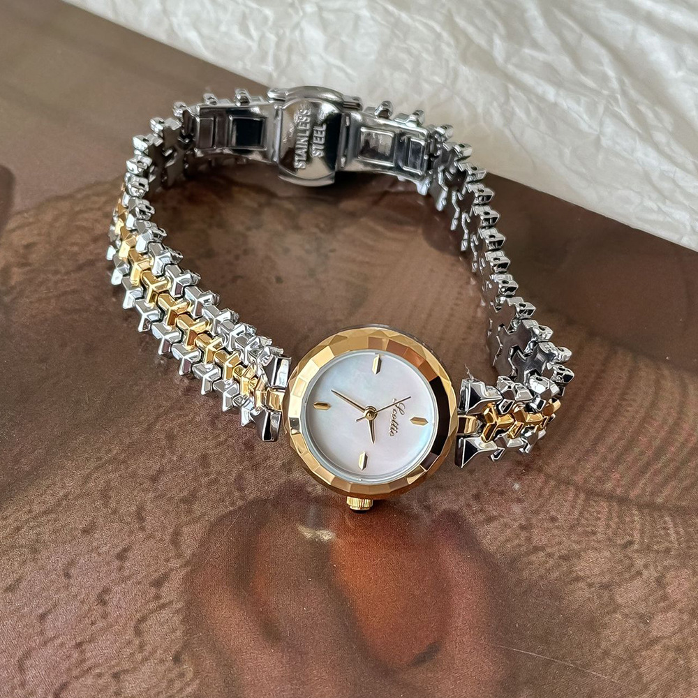 Scottie Damenuhr mit neuem Armband, Modell 9727, mit dem Motiv „Poetry Gaudí“, Perlmuttzifferblatt und Stahlarmband_voghion.com