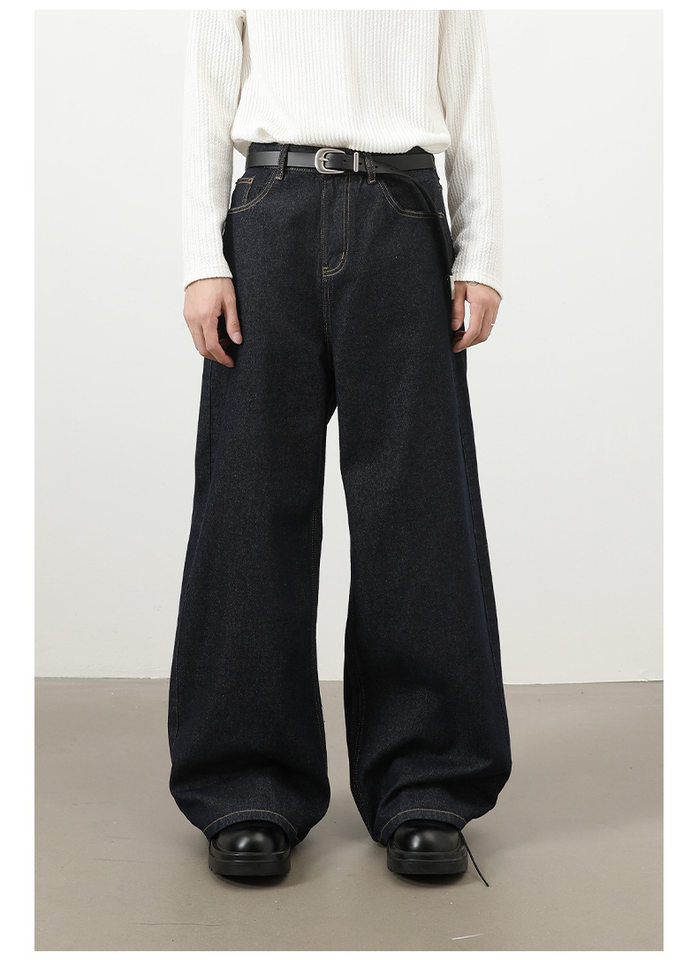 Quần jean nam ống rộng giặt nước phong cách Hàn, cạp vừa lưng thẳng — Denim đen, Màu đen, Ngụy trang màu mơ, Xanh lam cổ điển chi tiết 23
