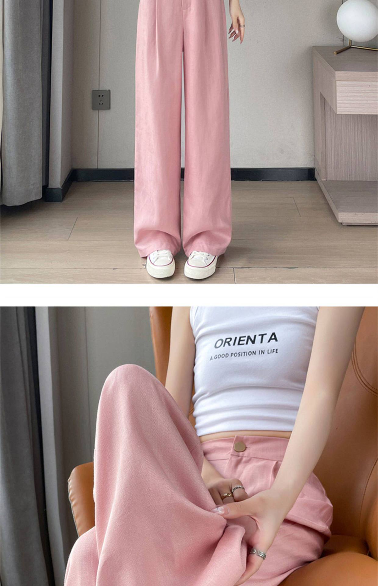 Quần culottes nữ ống rộng cạp cao vải linen cotton mỏng mùa hè — Màu đen thông thường chi tiết 34