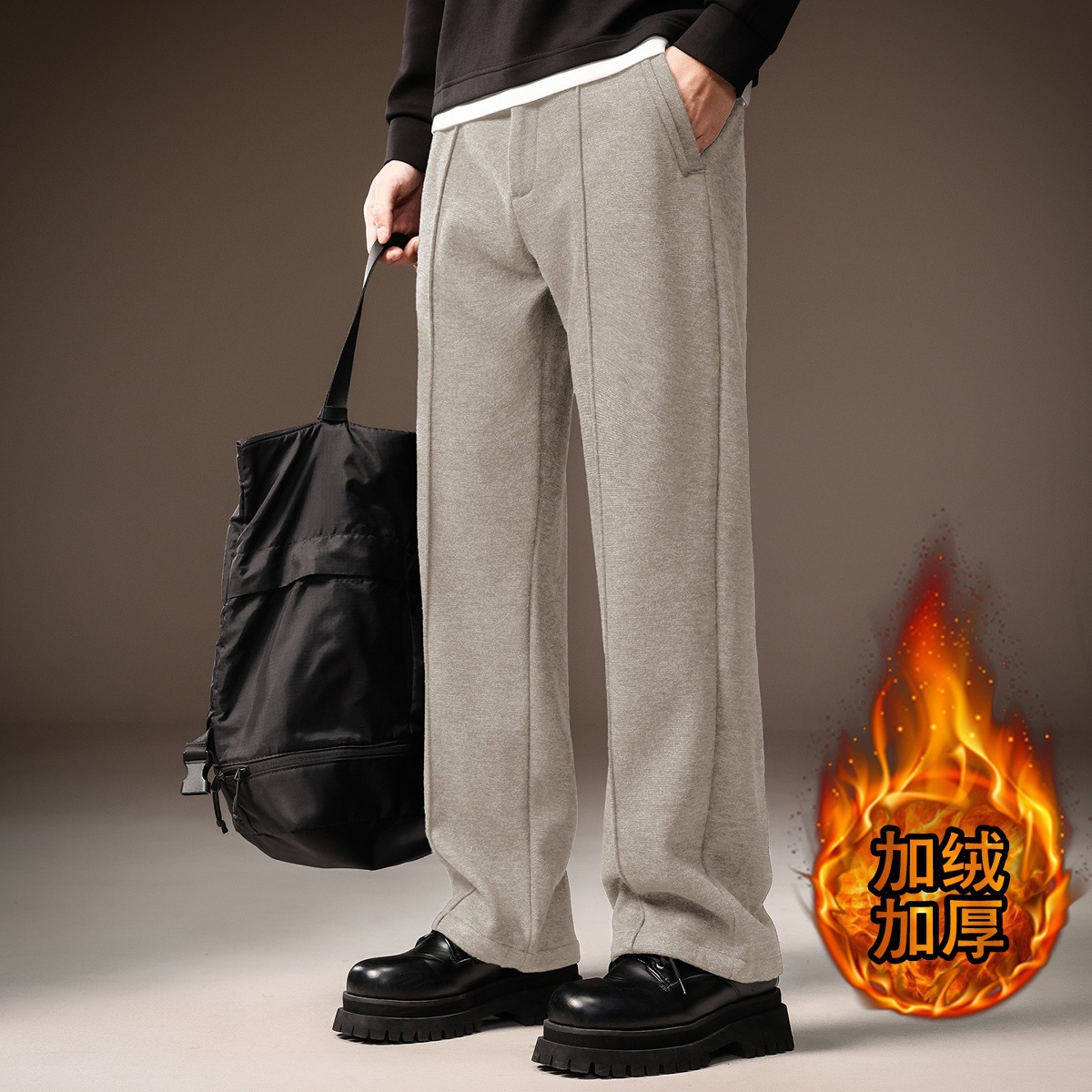High-End Old Money Style Wool Blend 380g Heavy Casual Men's Winter Fleece-Lined Loose Wide-Leg Straight Trousers