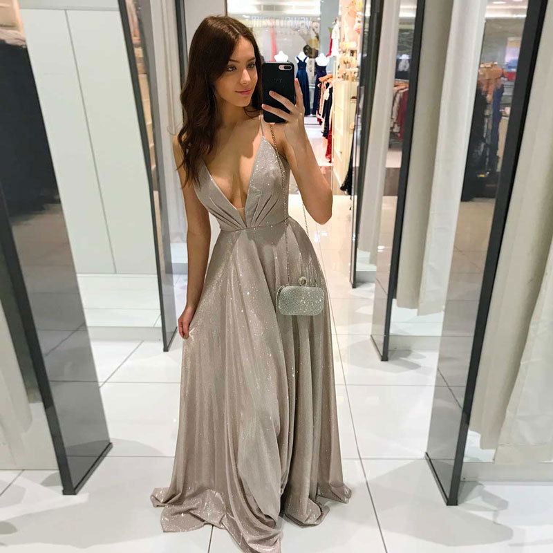 Comercio exterior europeo y americano Amazon AliExpress deseo vestido de noche de las mujeres sexy profundo cuello en V Correa vestido largo sin espalda