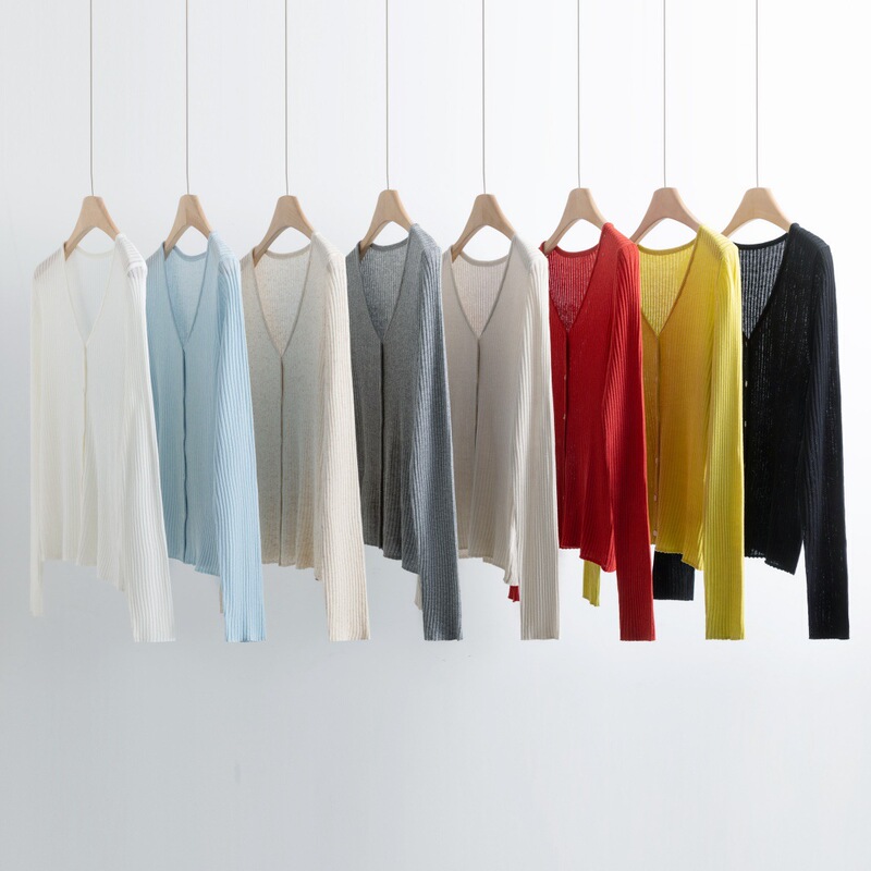 2026 Spring and Summer Sun Protection Shirt New Linen Knit Cardigan V-Neck Slimming Ribbed Stretch Top Women's Clothing in Stock