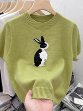 绿色小兔子提花针织衫短袖t恤女2024夏季新款洋气甜辣风短款上衣