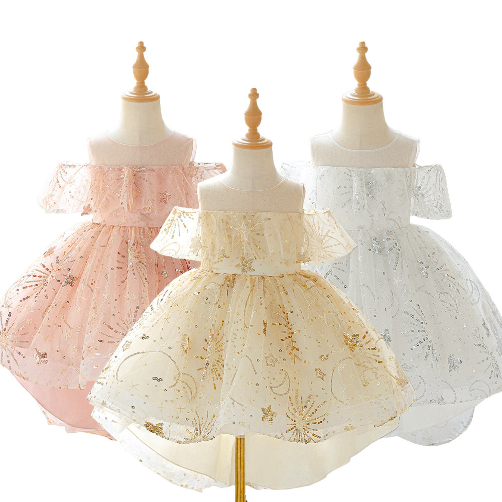 High-end lujo ligero nicho vestido de princesa de niña bordado cuentas de malla de acero vestido de princesa de un año vestido de bebé