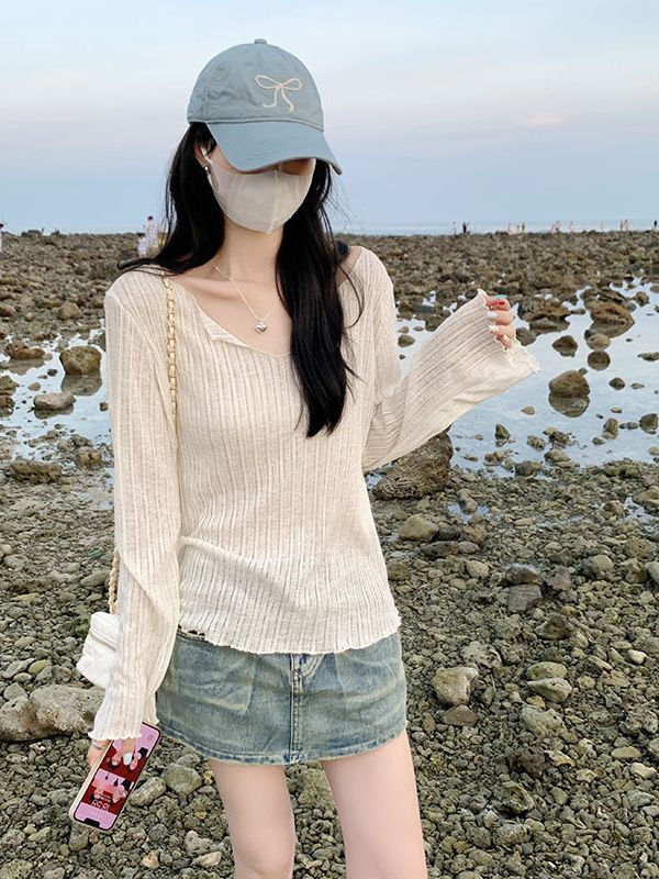 2025新款夏季V领冰丝防晒罩衫木耳边设计感宽松长袖T恤女轻薄上衣|undefined
