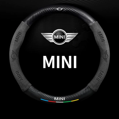 5D Embossed Logo Car Logo | Steering wheel cover - round-five-color-suede-carbon-fiber-leather-mini-logo-38cm