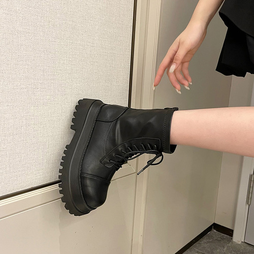 Women's Thick-Heeled Martin Boots  New Model Rear Zip Thin Round-Toe Motorcycle Boots Soft Leather Lace-Up Fashion Influencer Short Boots