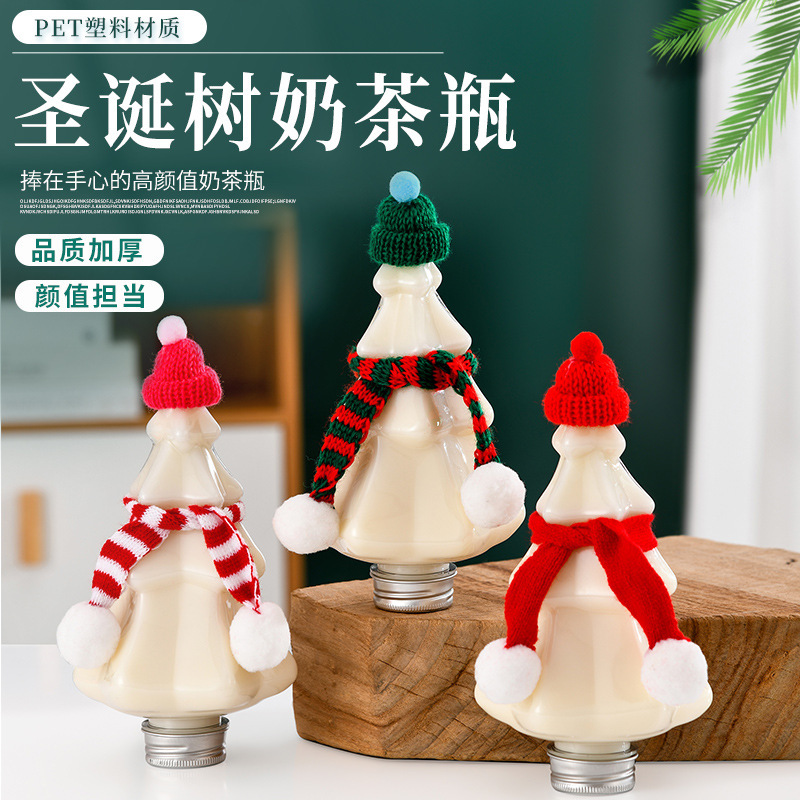 现货供应400ml圣诞树奶茶瓶pet透明塑料奶茶咖啡杯饮料外带瓶