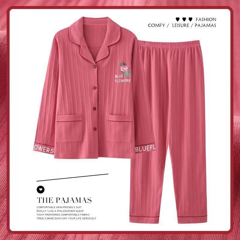 Pijamas 100% algodón de manga larga primavera y otoño ropa para el hogar Otoño e Invierno de las mujeres solapa nueva mamá suelta casual verano
