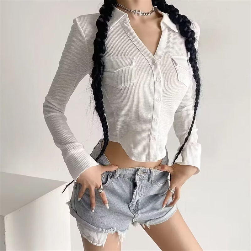 Pure Desire Style White Long-Sleeve Shirt, Spring Ribbed Turn-Down Collar Long-Sleeve T-Shirt, Slim-Fit Short Jacket with Pockets for Women